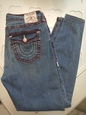 True Religion Women's Medium Blue Skinny Jeans with Contrast Stitching